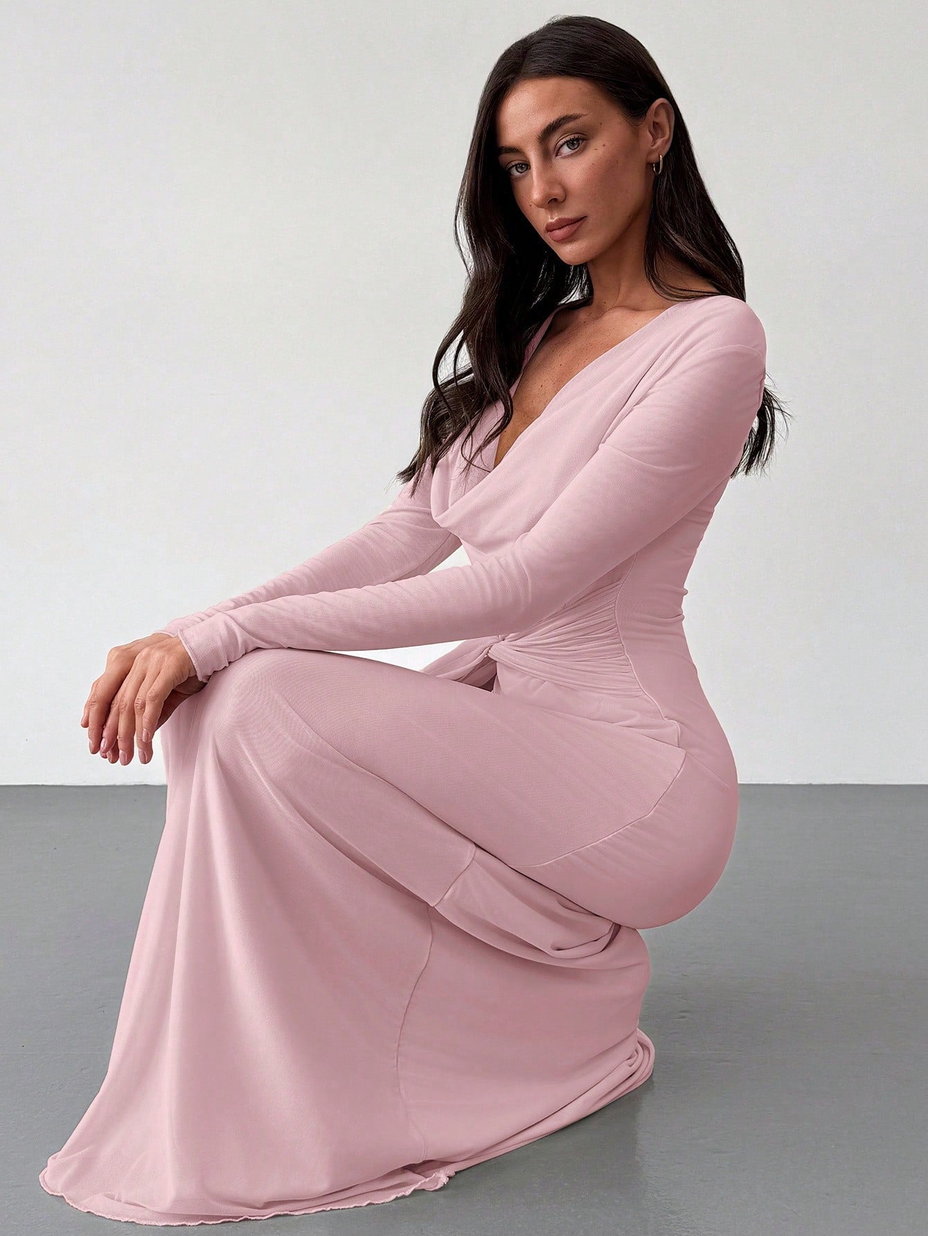 Deep Draped Neck Long Sleeve Tight - Fitting Mesh Lace Dress, Apricot, Romantic For Date & Outing - Negative Apparel