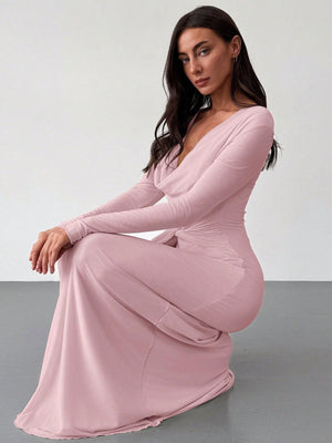 Deep Draped Neck Long Sleeve Tight - Fitting Mesh Lace Dress, Apricot, Romantic For Date & Outing - Negative Apparel