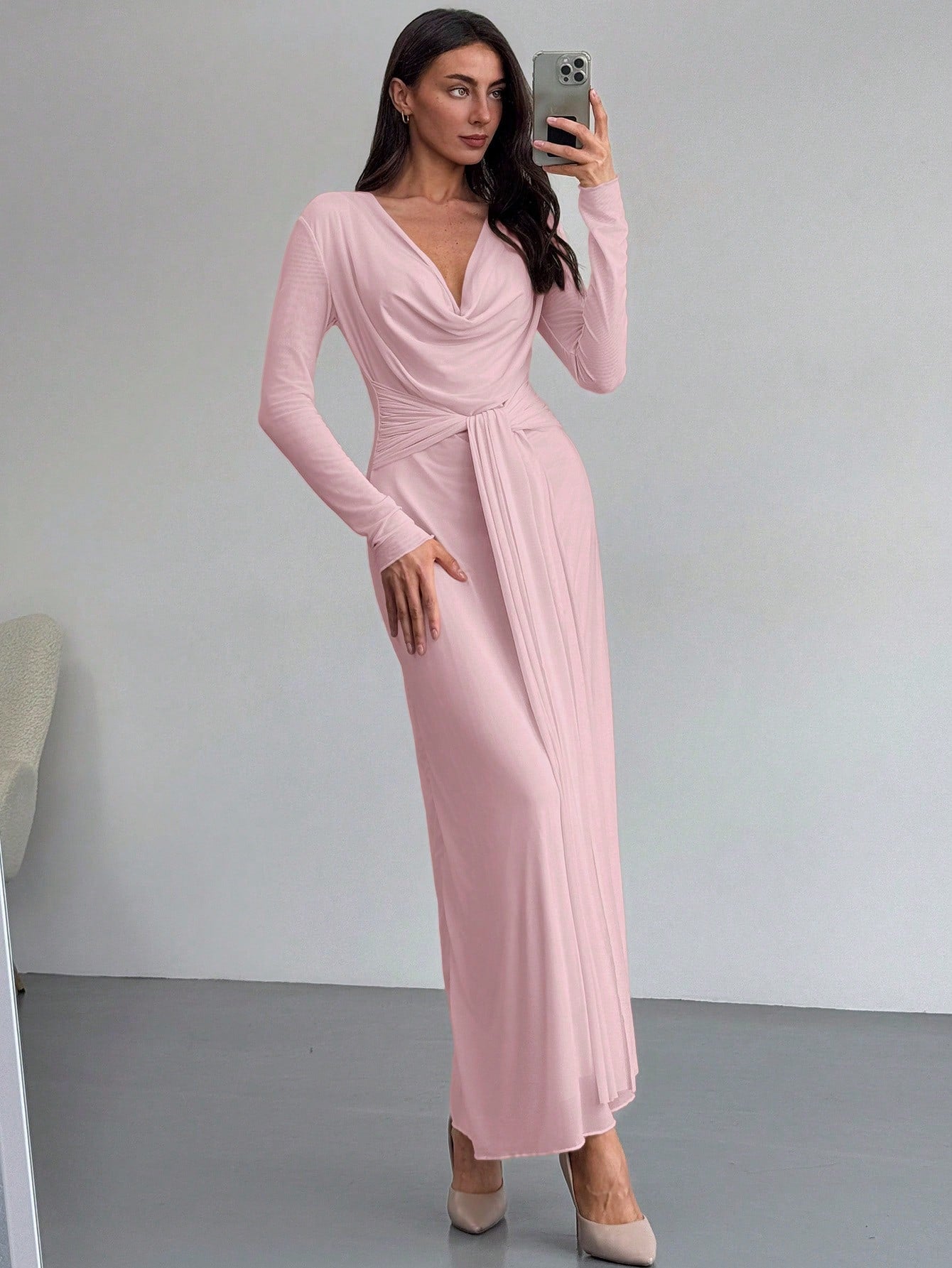 Deep Draped Neck Long Sleeve Tight - Fitting Mesh Lace Dress, Apricot, Romantic For Date & Outing - Negative Apparel