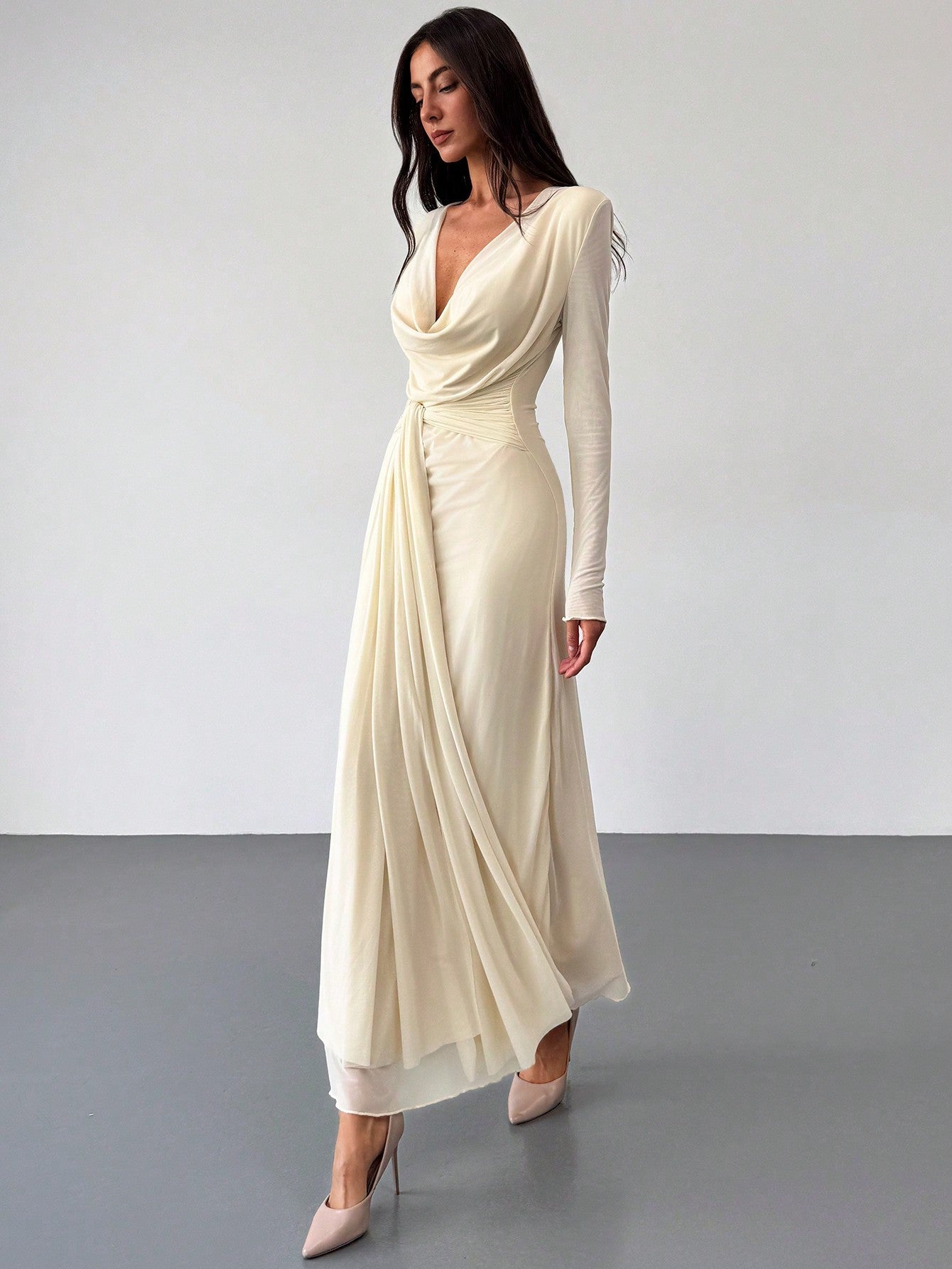 Deep Draped Neck Long Sleeve Tight - Fitting Mesh Lace Dress, Apricot, Romantic For Date & Outing - Negative Apparel