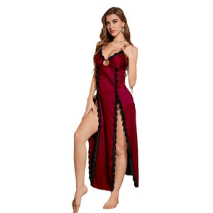 Deluxe Midnight Series New European and AmericanPajamas Women's Ice Silk Sexy Suspender Split Long Dress SQ3542 - Negative Apparel