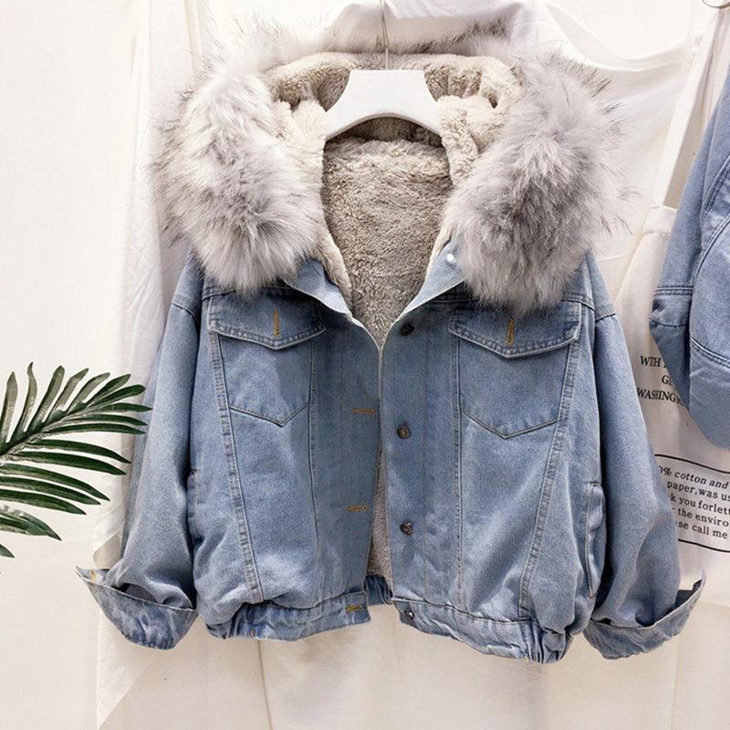 Denim jacket with fur women's short body jacket - Negative Apparel