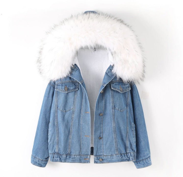 Denim jacket with fur women's short body jacket - Negative Apparel