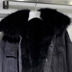 Denim jacket with fur women's short body jacket - Negative Apparel