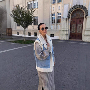 Denim splicing fur integrated double - sided vest autumn and winter lapel loose casual women's clothing - Negative Apparel