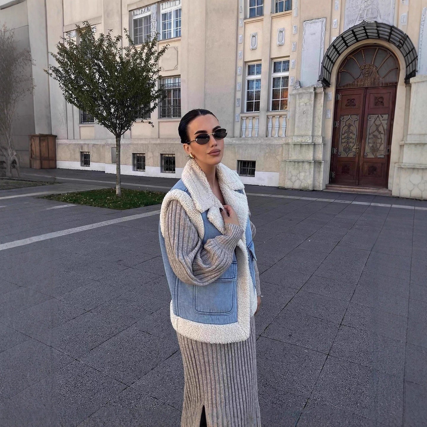 Denim splicing fur integrated double - sided vest autumn and winter lapel loose casual women's clothing - Negative Apparel