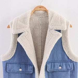 Denim splicing fur integrated double - sided vest autumn and winter lapel loose casual women's clothing - Negative Apparel