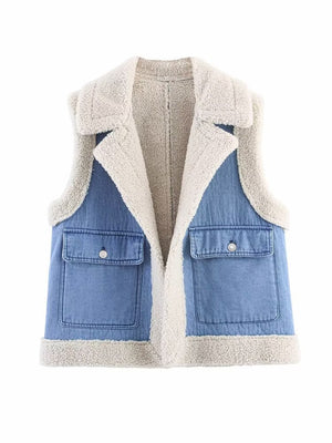 Denim splicing fur integrated double - sided vest autumn and winter lapel loose casual women's clothing - Negative Apparel