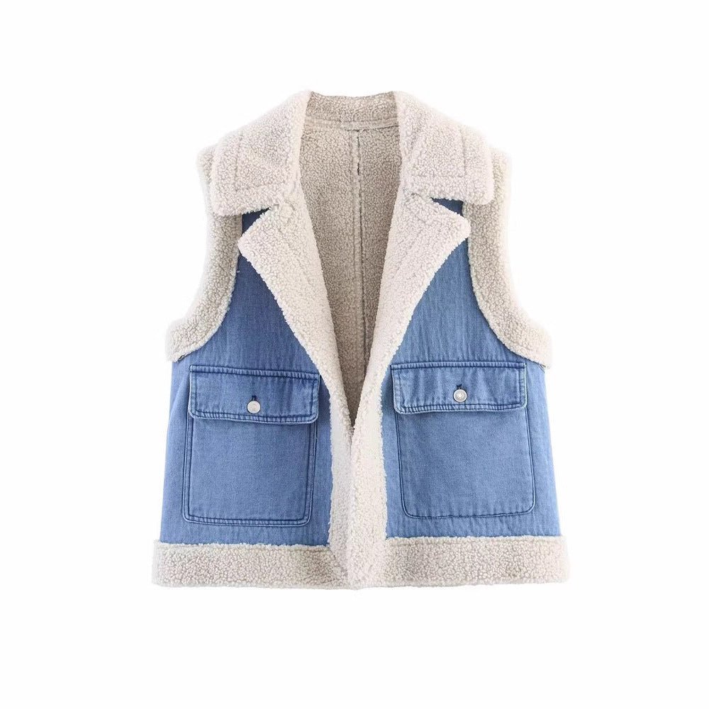 Denim splicing fur integrated double - sided vest autumn and winter lapel loose casual women's clothing - Negative Apparel