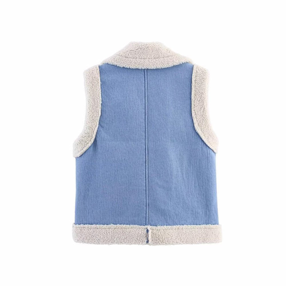 Denim splicing fur integrated double - sided vest autumn and winter lapel loose casual women's clothing - Negative Apparel