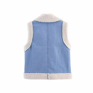 Denim splicing fur integrated double - sided vest autumn and winter lapel loose casual women's clothing - Negative Apparel