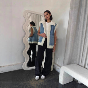 Denim splicing fur integrated double - sided vest autumn and winter lapel loose casual women's clothing - Negative Apparel