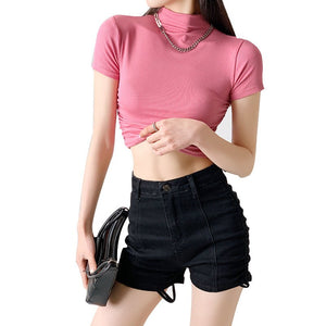 Dopamine wear bottoming shirt women's half - high collar spring and summer navel - baring short - sleeved T-shirt sexy hot girl slim short top - Negative Apparel