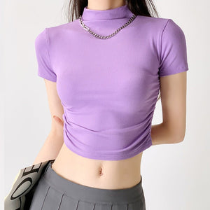 Dopamine wear bottoming shirt women's half - high collar spring and summer navel - baring short - sleeved T-shirt sexy hot girl slim short top - Negative Apparel