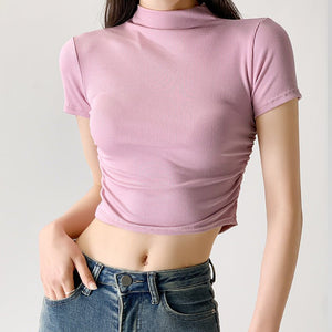 Dopamine wear bottoming shirt women's half - high collar spring and summer navel - baring short - sleeved T-shirt sexy hot girl slim short top - Negative Apparel