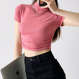 Dopamine wear bottoming shirt women's half - high collar spring and summer navel - baring short - sleeved T-shirt sexy hot girl slim short top - Negative Apparel