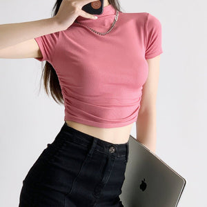 Dopamine wear bottoming shirt women's half - high collar spring and summer navel - baring short - sleeved T-shirt sexy hot girl slim short top - Negative Apparel