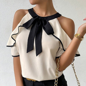 Double - layer short - sleeved shirt bow neckline shirt pullover - Negative Apparel