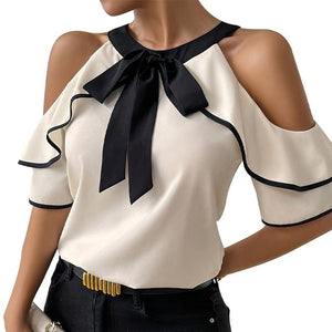 Double - layer short - sleeved shirt bow neckline shirt pullover - Negative Apparel