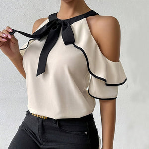 Double - layer short - sleeved shirt bow neckline shirt pullover - Negative Apparel