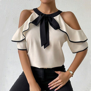Double - layer short - sleeved shirt bow neckline shirt pullover - Negative Apparel