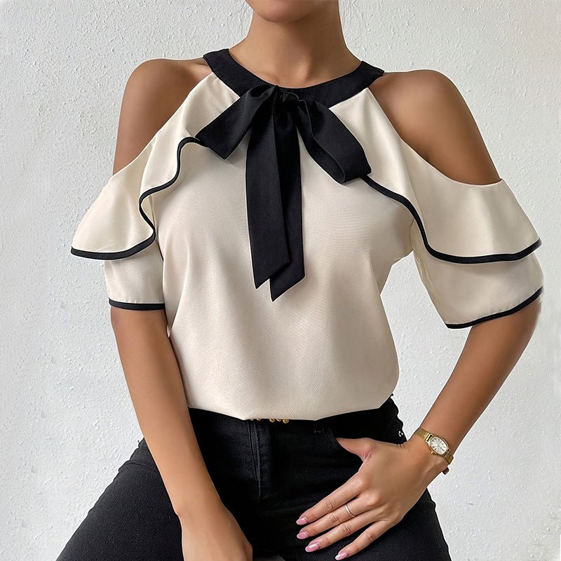 Double - layer short - sleeved shirt bow neckline shirt pullover - Negative Apparel