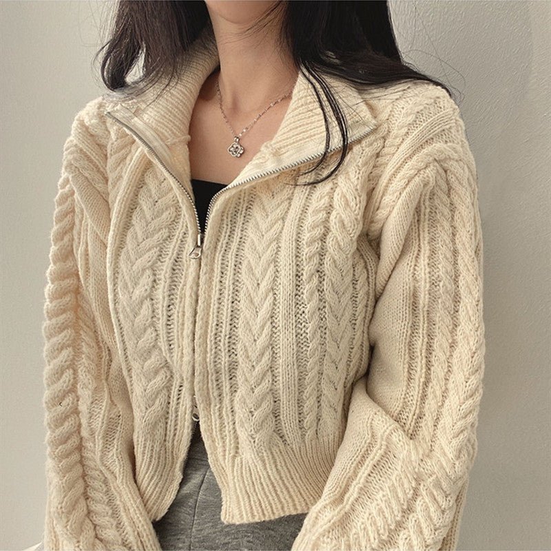 Double zipper twist sweater jacket autumn and winter 2023 new Korean version retro temperament student women's knitted cardigan jacket - Negative Apparel