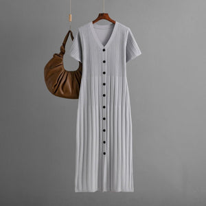 Dress women's summer casual V - neck solid color short - sleeved long dress 2025 new foreign style waist and thin knitted skirt - Negative Apparel