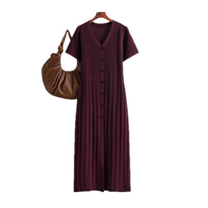 Dress women's summer casual V - neck solid color short - sleeved long dress 2025 new foreign style waist and thin knitted skirt - Negative Apparel