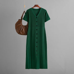 Dress women's summer casual V - neck solid color short - sleeved long dress 2025 new foreign style waist and thin knitted skirt - Negative Apparel