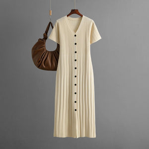 Dress women's summer casual V - neck solid color short - sleeved long dress 2025 new foreign style waist and thin knitted skirt - Negative Apparel