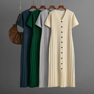 Dress women's summer casual V - neck solid color short - sleeved long dress 2025 new foreign style waist and thin knitted skirt - Negative Apparel