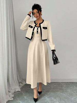 Elegant 2 Piece Set For Women With Contrast Color Blocking & Button - Up Design - Negative Apparel