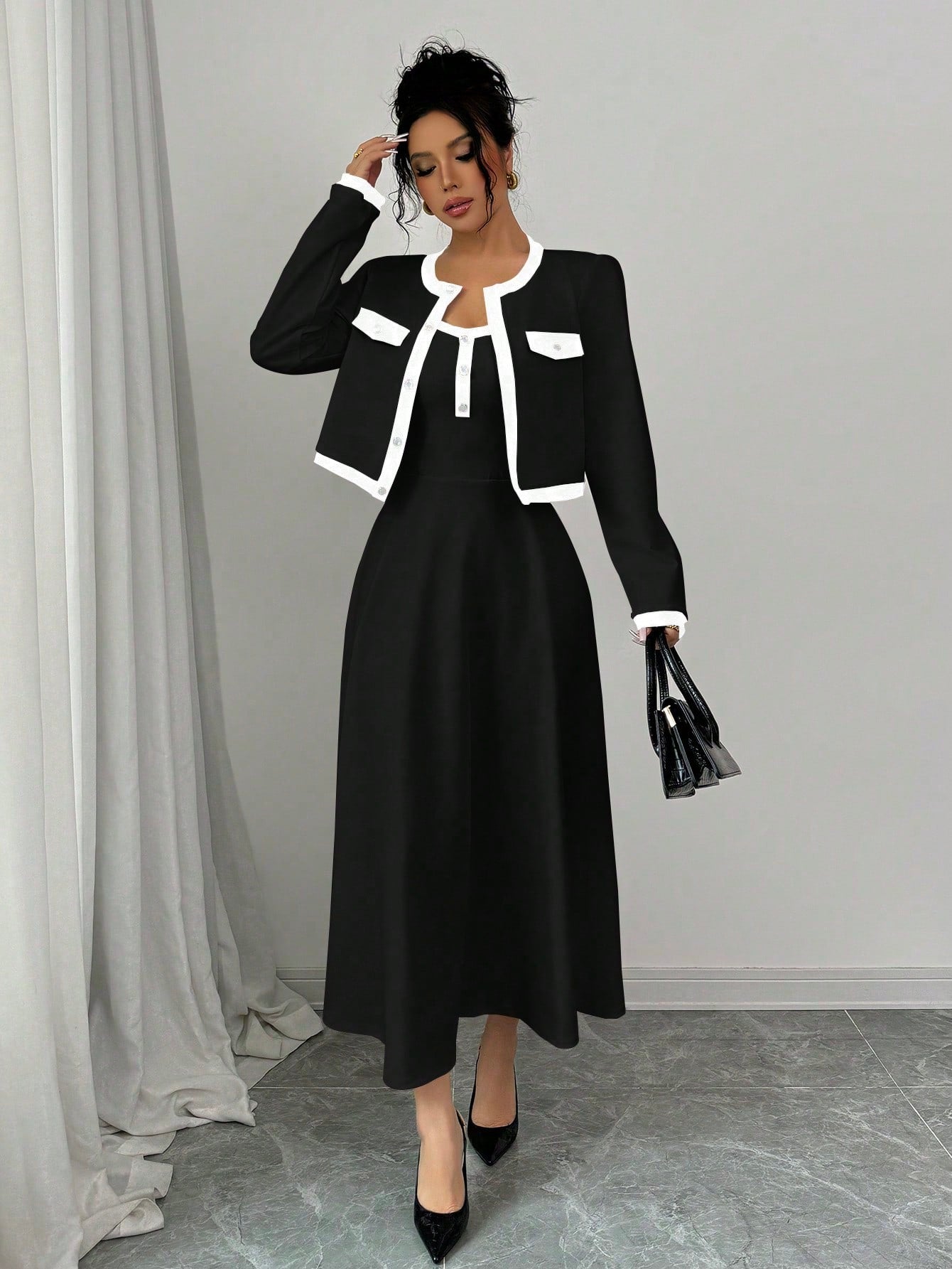 Elegant 2 Piece Set For Women With Contrast Color Blocking & Button - Up Design - Negative Apparel