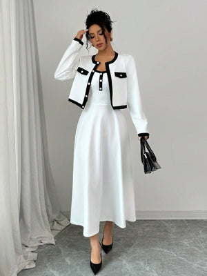 Elegant 2 Piece Set For Women With Contrast Color Blocking & Button - Up Design - Negative Apparel