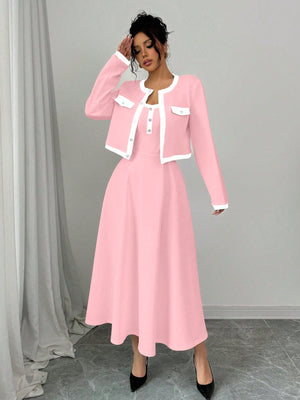 Elegant 2 Piece Set For Women With Contrast Color Blocking & Button - Up Design - Negative Apparel