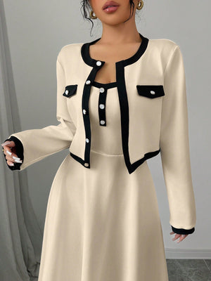 Elegant 2 Piece Set For Women With Contrast Color Blocking & Button - Up Design - Negative Apparel