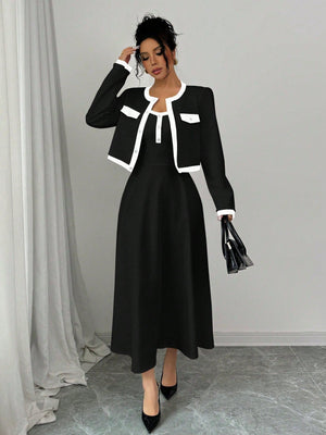 Elegant 2 Piece Set For Women With Contrast Color Blocking & Button - Up Design - Negative Apparel