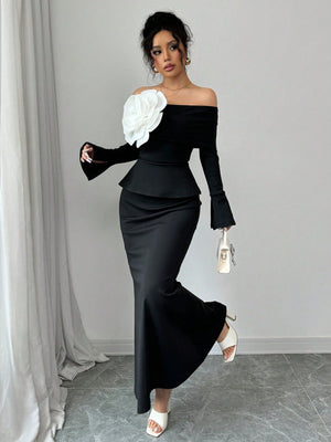 Elegant 2pcs/Set Women Casual Off Shoulder Floral Flared Sleeve Top And Long A - Line Skirt - Negative Apparel