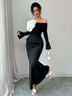 Elegant 2pcs/Set Women Casual Off Shoulder Floral Flared Sleeve Top And Long A - Line Skirt - Negative Apparel