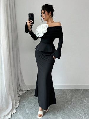 Elegant 2pcs/Set Women Casual Off Shoulder Floral Flared Sleeve Top And Long A - Line Skirt - Negative Apparel