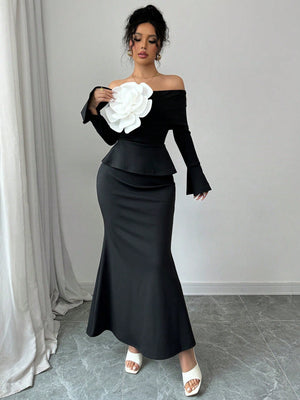 Elegant 2pcs/Set Women Casual Off Shoulder Floral Flared Sleeve Top And Long A - Line Skirt - Negative Apparel