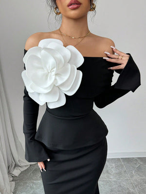 Elegant 2pcs/Set Women Casual Off Shoulder Floral Flared Sleeve Top And Long A - Line Skirt - Negative Apparel