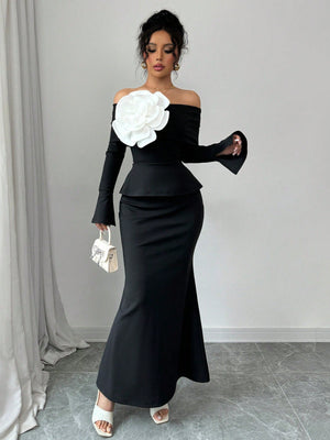 Elegant 2pcs/Set Women Casual Off Shoulder Floral Flared Sleeve Top And Long A - Line Skirt - Negative Apparel