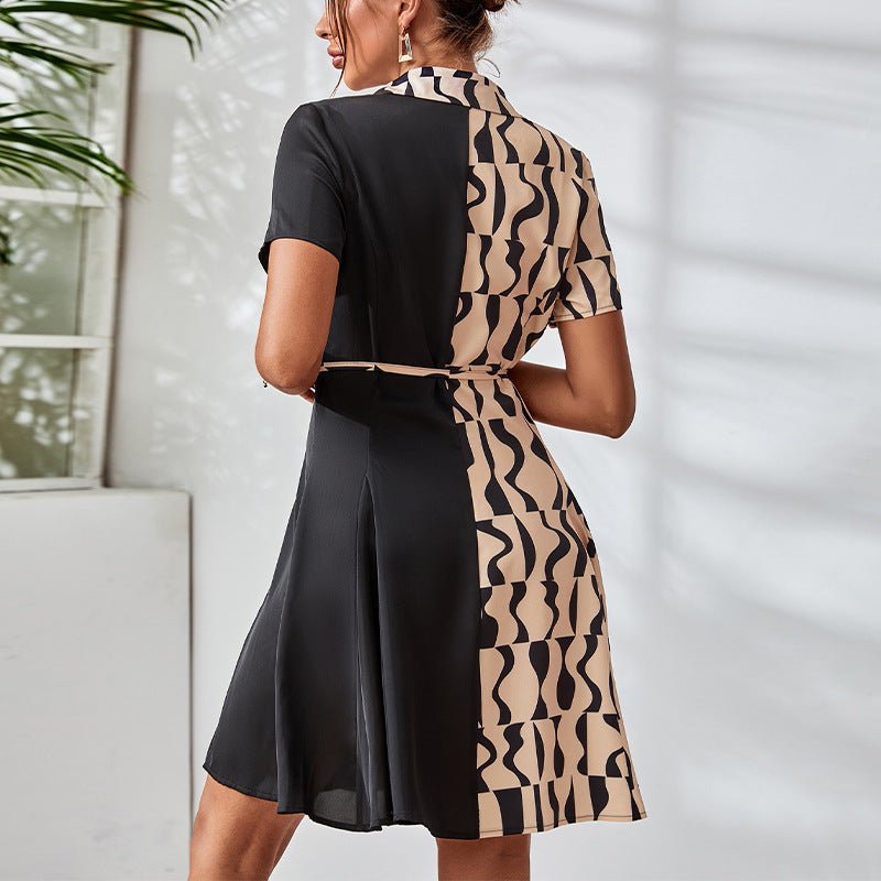 Elegant contrasting color short - sleeved dress slim - fitting waist rope cardigan A - word dress - Negative Apparel