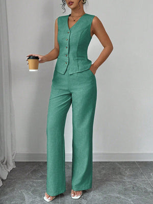 Elegant Fashionable Commuter Casual Sleeveless V - Neck Elastic Waist Back Tie Vest And Straight Leg Pants Suit Set - Negative Apparel