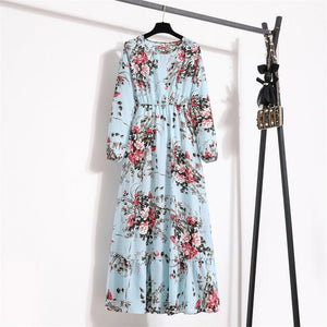 Elegant Floral Chiffon Maxi Dress – Round Neck, Long Sleeve, High - Waist A - Line Design - Negative Apparel