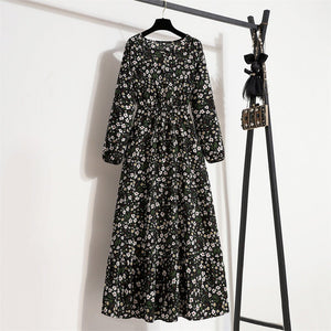 Elegant Floral Chiffon Maxi Dress – Round Neck, Long Sleeve, High - Waist A - Line Design - Negative Apparel