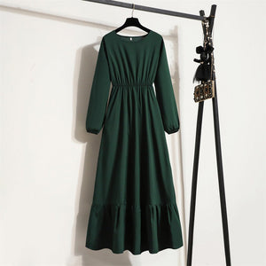 Elegant Floral Chiffon Maxi Dress – Round Neck, Long Sleeve, High - Waist A - Line Design - Negative Apparel