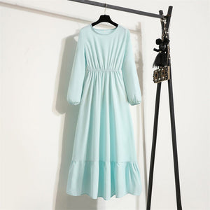 Elegant Floral Chiffon Maxi Dress – Round Neck, Long Sleeve, High - Waist A - Line Design - Negative Apparel